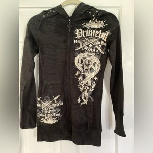 New Primevil Black Graphic Zip Hoodie sz XS